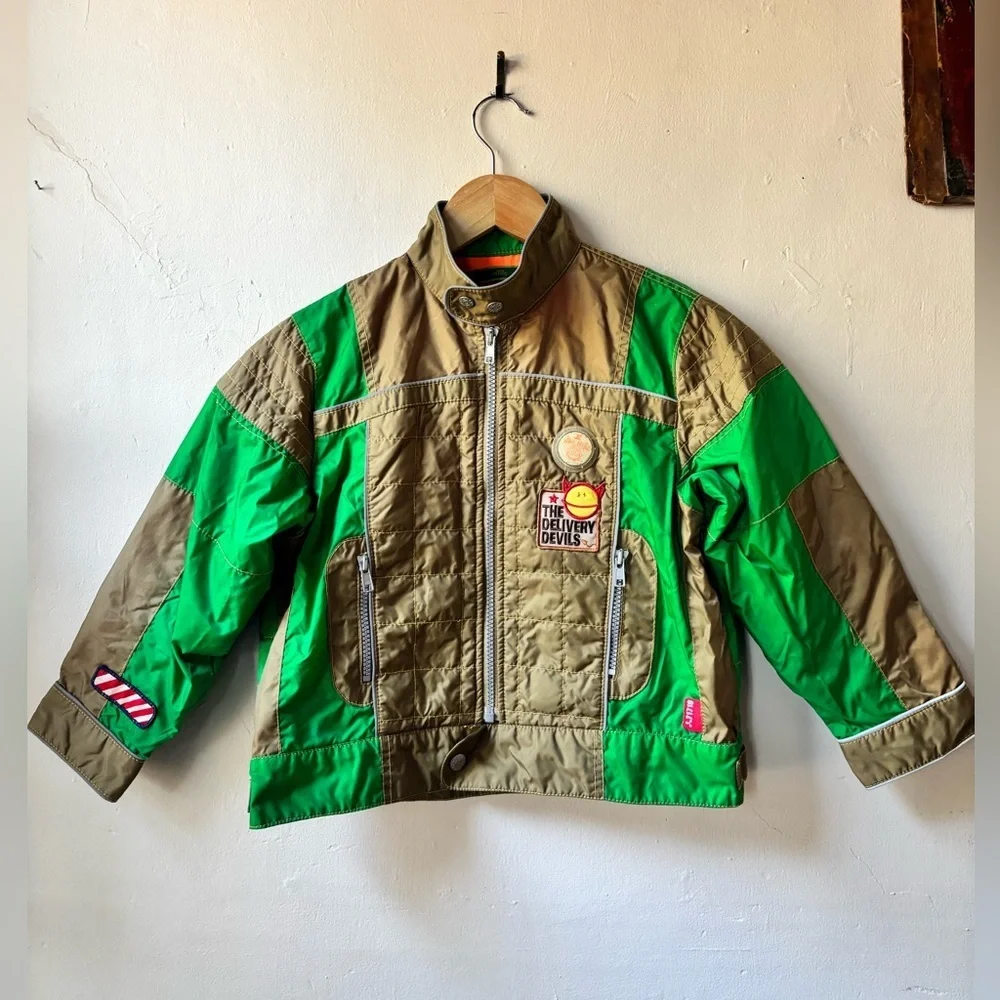 Oilily Kids Jacket Green and Brown Vintage Moto Racing Style Jacket w Patches